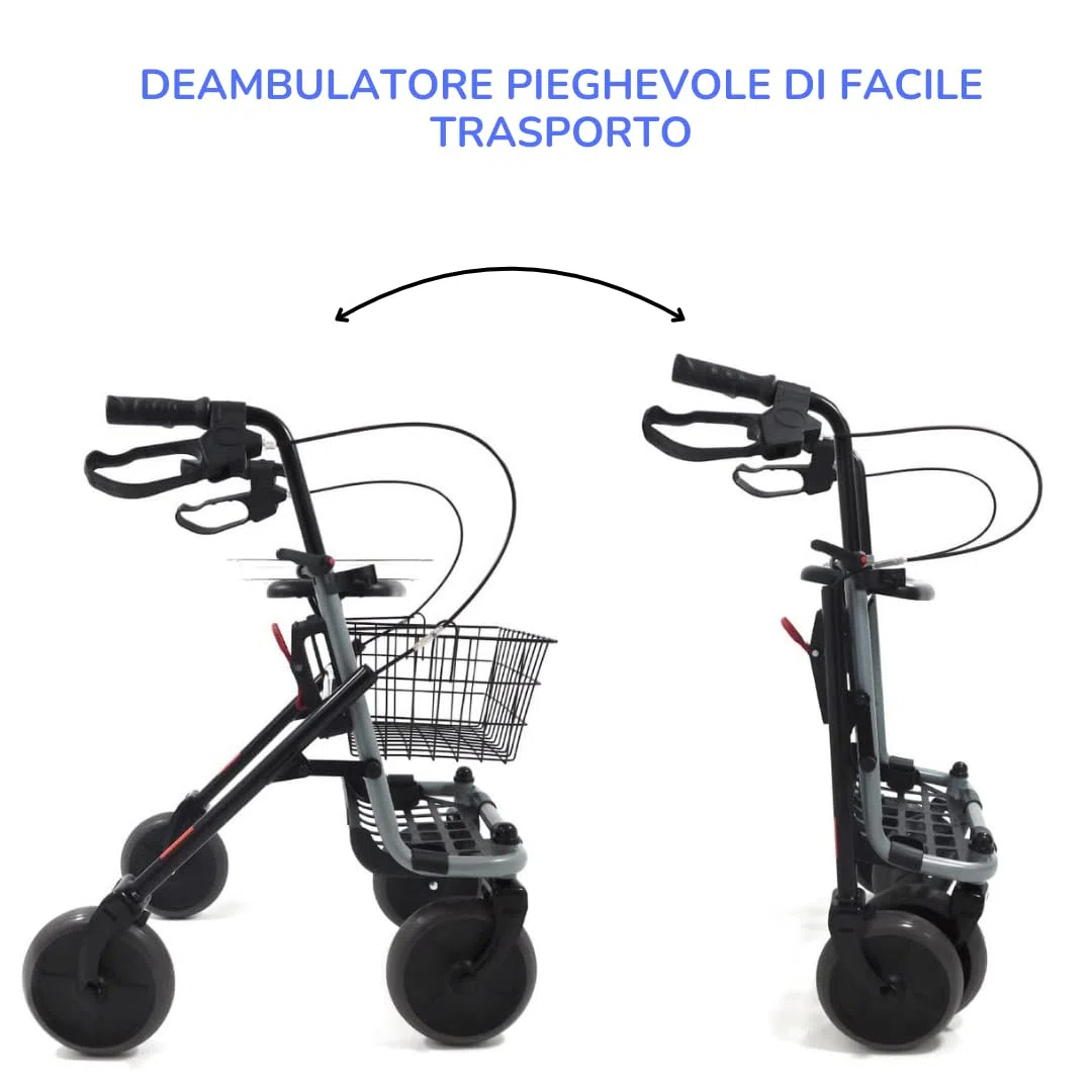 Deambulatore Girello per Anziani e Disabili Pieghevole e Regolabile con 4 Ruote, Rollator con Freni di Stazionamento, Seduta e Cestino per esterni e interni, Alluminio