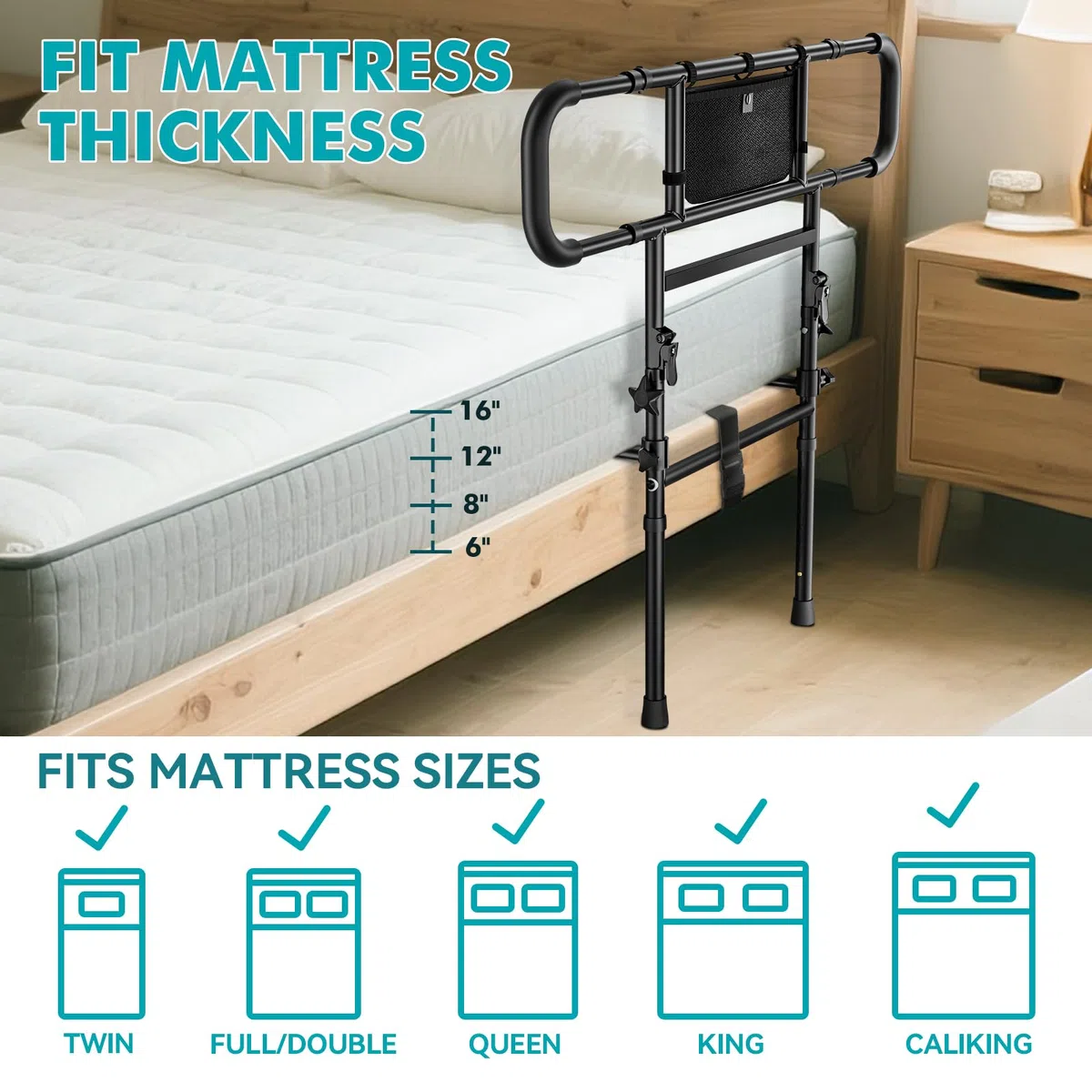 FORTEMOTUS Sponde Letto Anziani, Barriera Letto con Regolabile Sponde Ribaltabile, Borsa, Anticaduta y Supporto per Alzarsi dal Letto per Adulti, Disabili (Spessore Materasso 15-40 cm)