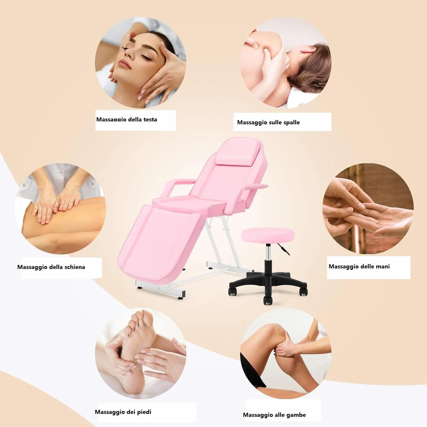 Lettino da Massaggio Pieghevole 3 Zone con Sgabello Portatile in Pelle PU Rosa per Fisioterapia Estetista Tattoo