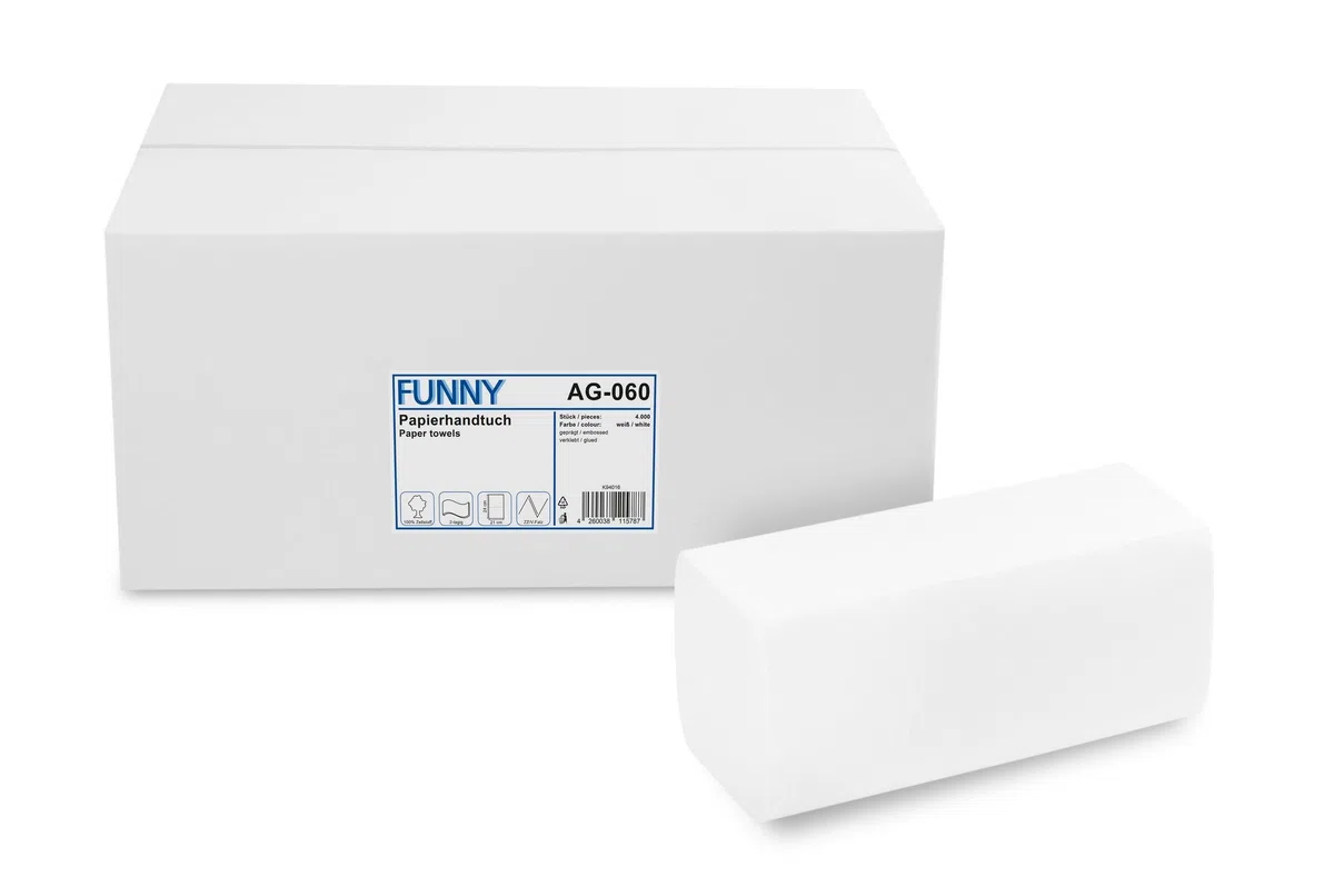 Funny AG-060 Asciugamani Piegati a Z, 2 Veli, 4000 Fogli, Bianco, 25 X 23 cm