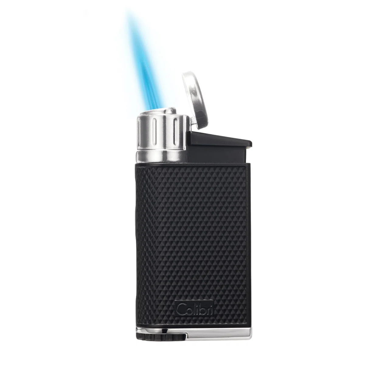 Colibri EVO Accendino angolare a getto singolo a butano, antivento e ricaricabile, facile da usare, con impugnatura Pachmayr, finestra blu carburante e fiamma regolabile, design elegante (argento)
