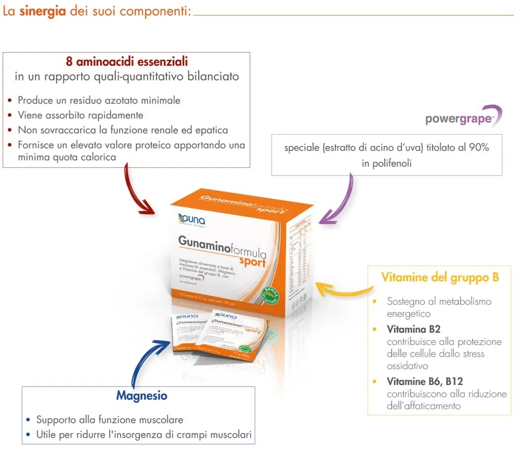 GUNA Gunaminoformula Sport 42 Bustine da 7,5g - Integratore Alimentare a Base di Aminoacidi Essenziali, Magnesio e Vitamine del Gruppo B, con Powergrape