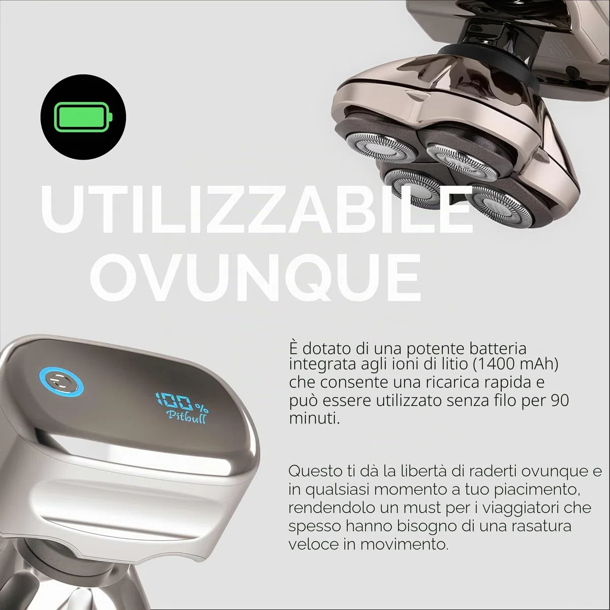 Skull Shaver Pitbull Platinum Pro – rasoio elettrico per testa e viso – senza fili, ricaricabile, uso su pelle bagnata o asciutta, manico ergonomico – con supporto risciacquo e custodia da viaggio