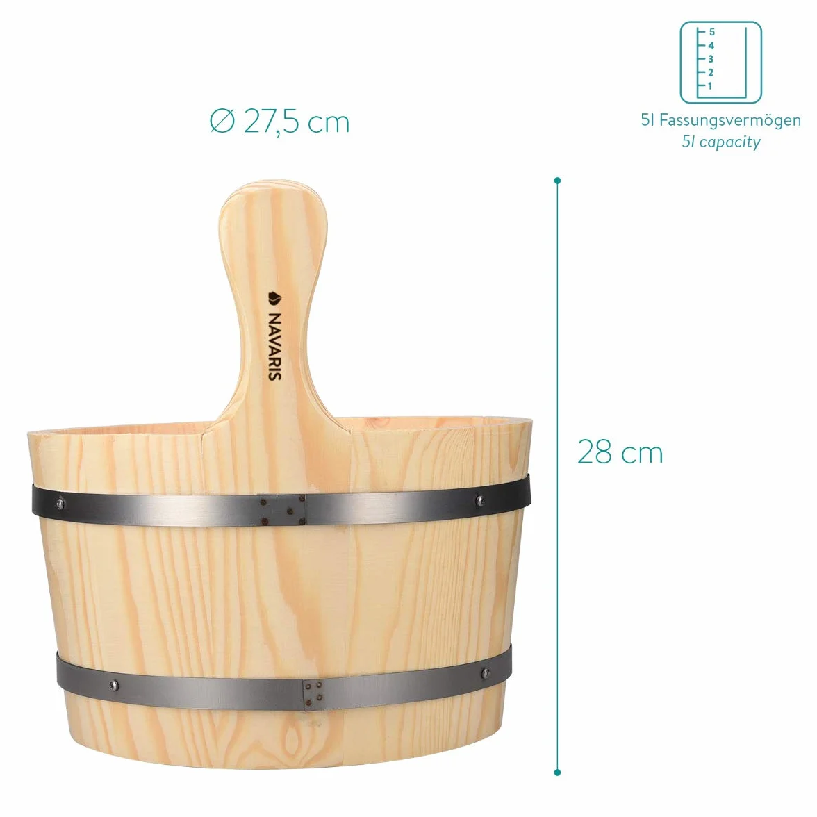 Navaris Secchiello da Sauna in Legno 5 Litri con Inserto in Plastica Mestolo e Clessidra - Set Accessori per Saune