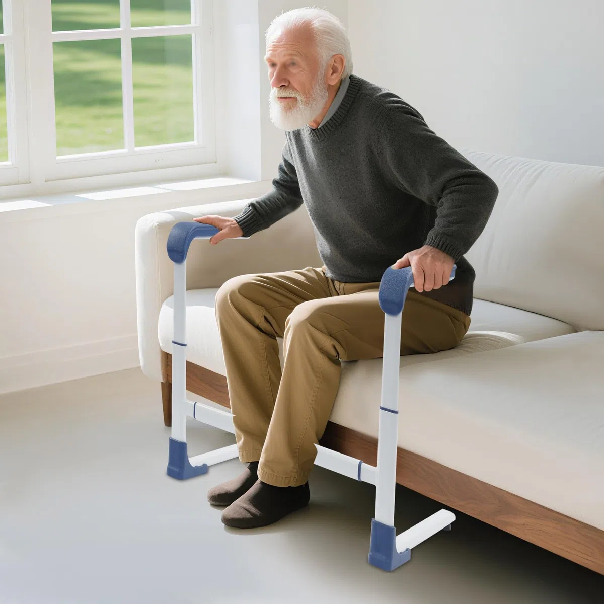 Ausili per alzarsi da Divano/Letto/WC, Aiuto per alzarsi antiscivolo per anziani con maniglia larga, Altezza e larghezza regolabili Supporto per pazienti e disabili, fino a 150 kg (Blu)