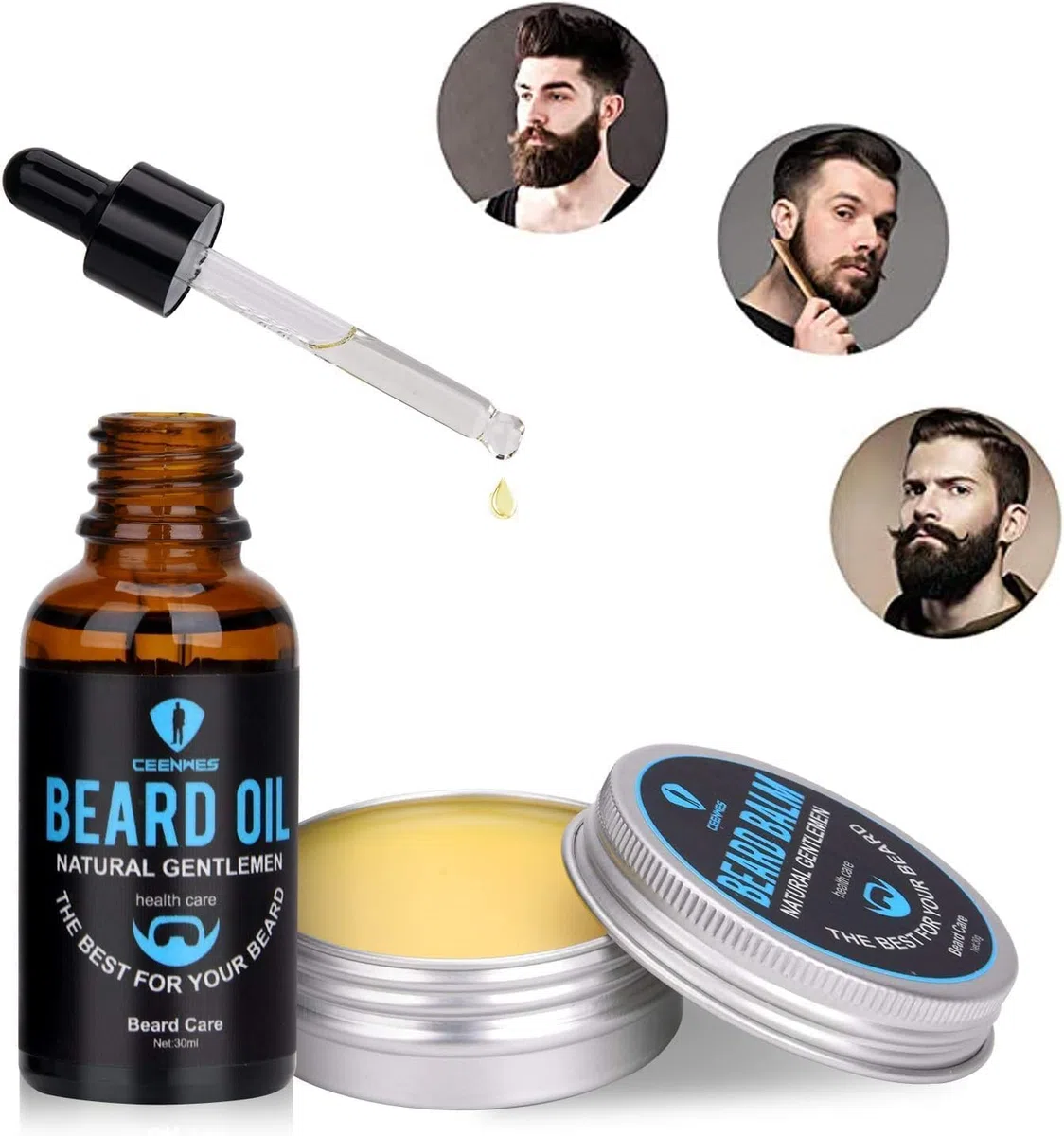 Kit Prodotti Barba e Baffi Uomo con Olio, Siero per la Crescita, Balsamo, Spazzola, Pettine, Regalo Compleanno