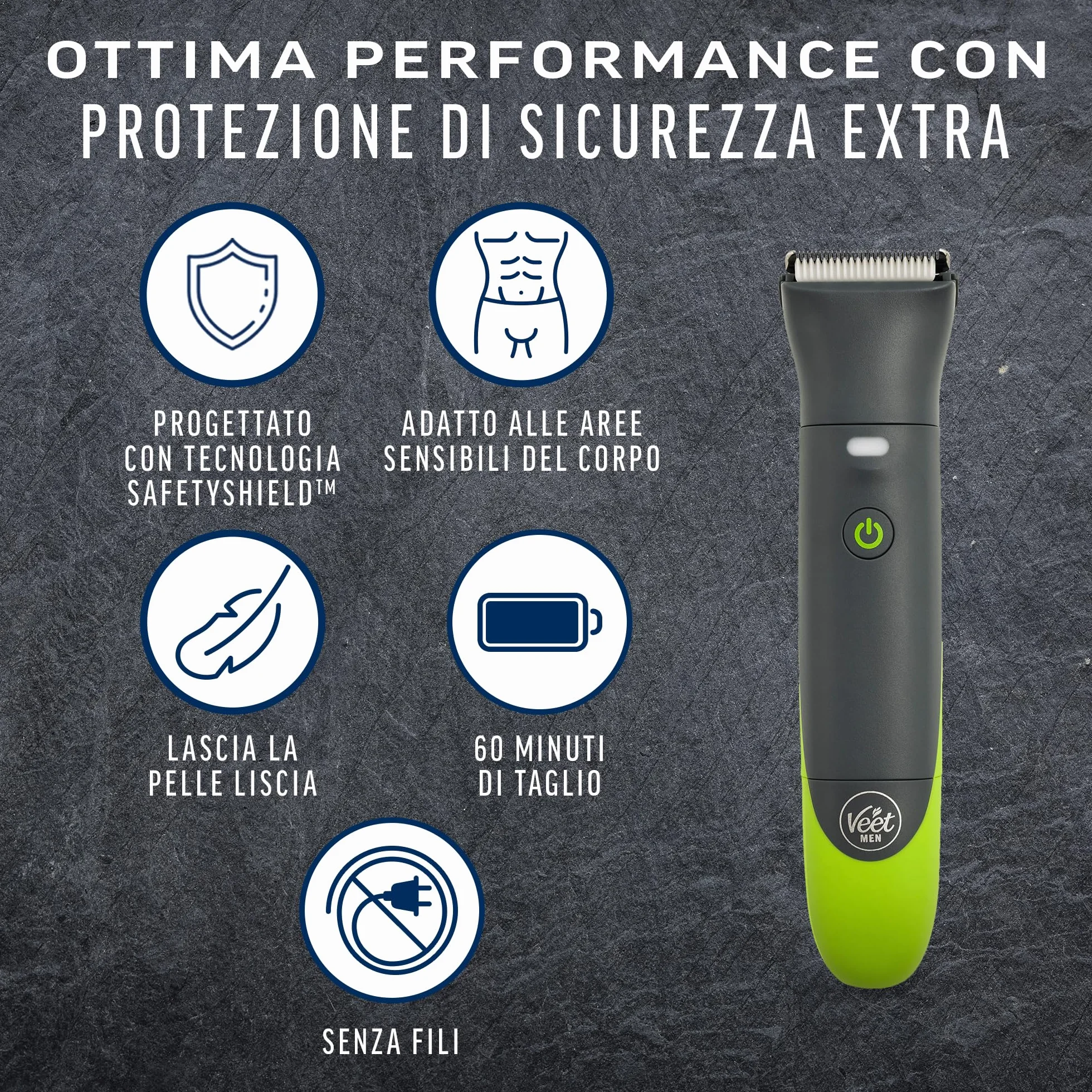Veet Men Intimate Trimmer TOTAL PRO, Rasoio elettrico uomo corpo e parti intime, 1 testina, 2 pettini guida, Cordless