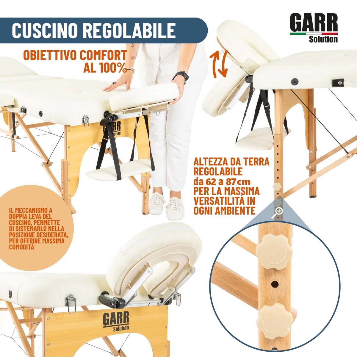 Lettino Massaggio Portatile 3 Zone in Legno, Professionale, Pieghevole e Leggero - 185x70 H62/87cm - con Porta Rotolo e Accessori - Adatto per Estetista, Fisioterapia e Tattoo - Crema