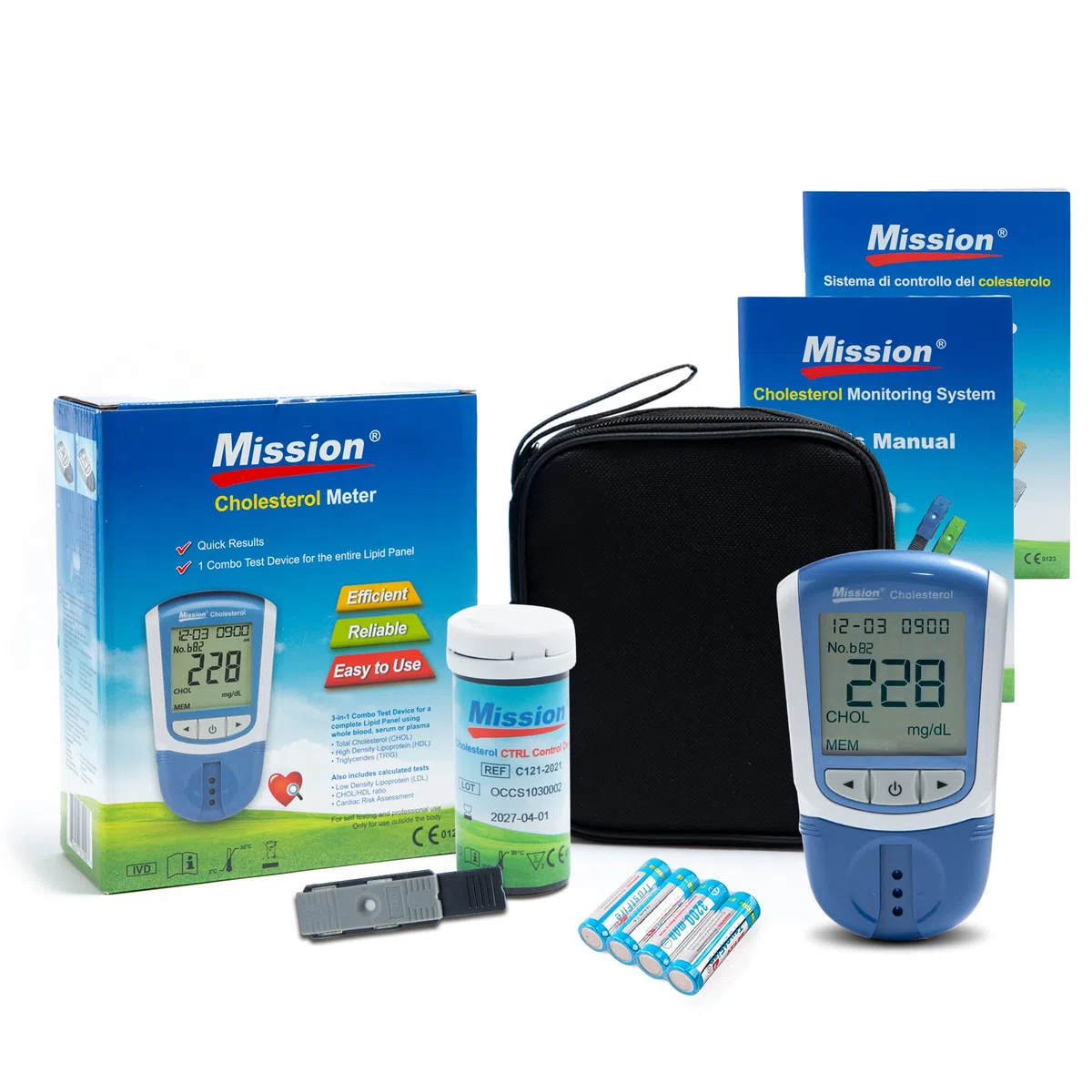 Mission 3 in 1, Misuratore di Trigliceridi, Colesterolo Totale, LDL e HDL, fornito con 5 lancette di sicurezza, 2 dispositivi di controllo, borsa trasportabile e manuale in Inglese e Italiano