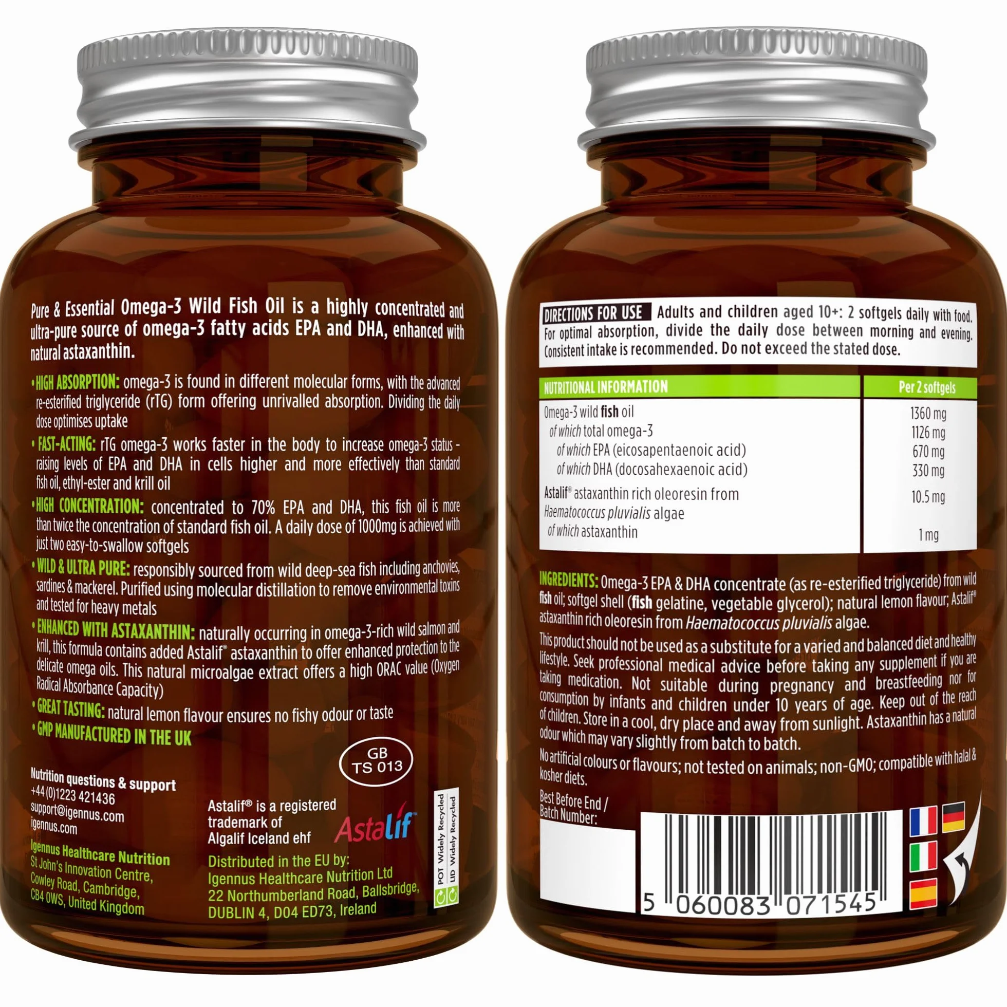 Igennus Omega 3 IFOS 5 Stelle 1000mg Olio di Pesce Ultra Puro Trigliceridi rTG EPA 670mg DHA 330mg 180 Softgel