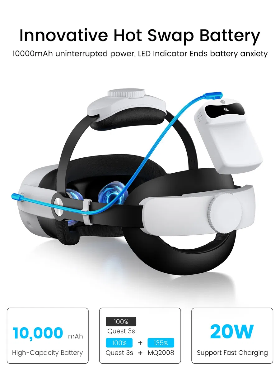 Elegamefy Headstrap per Meta Quest 3/3s/Quest 2 con batteria da 10000 mAh, gioco intercambiabile e prolungato, 5 ore, doppio pomello regolabile