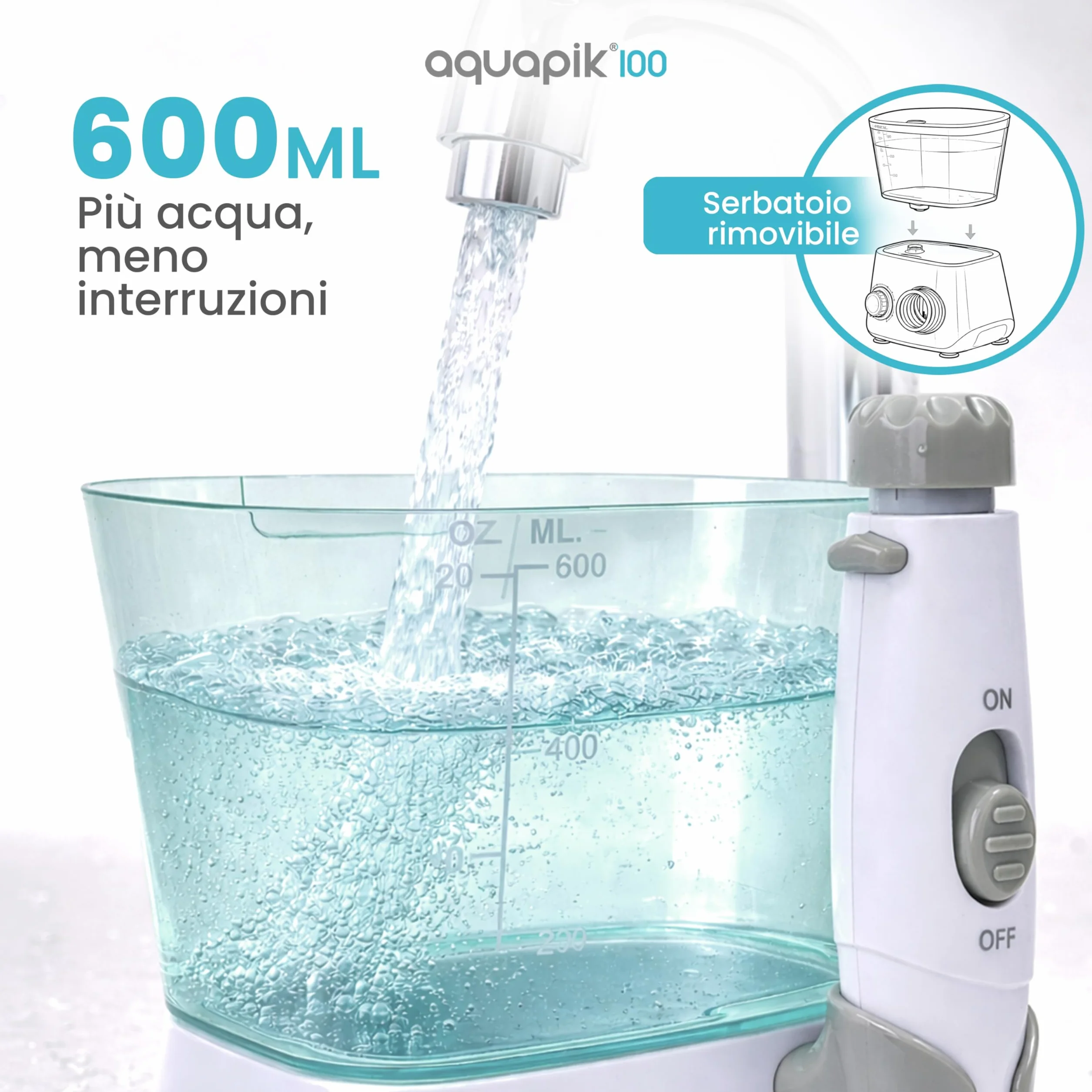 Aquapik 100 Idropulsore Dentale Professionale Irrigatore Orale 8 Ugelli Multifunzione 10 Impostazioni Pressione Serbatoio 600 ml Pulizia Interdentale Bianco
