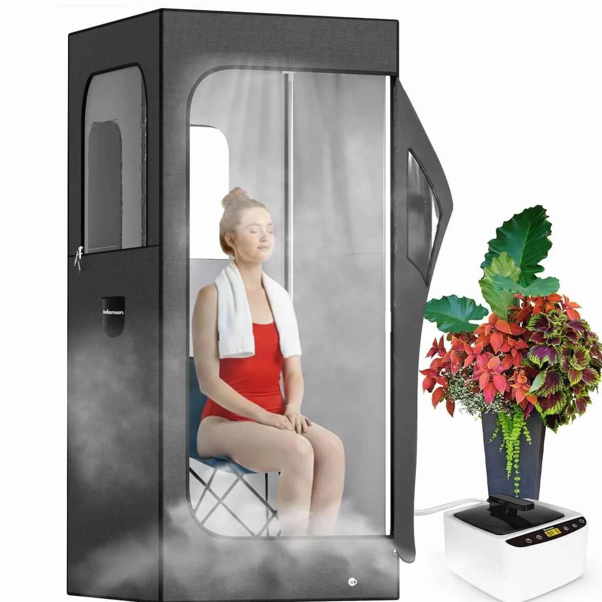 Adamson Sauna Indoor - Sauna a Vapore per casa - Tenda Sauna per Il Relax nella Spa di casa - unità Vapore da 2,6L 1000W - Sedia - Telecomando - Massaggiatore per i Piedi - Nylon Nero