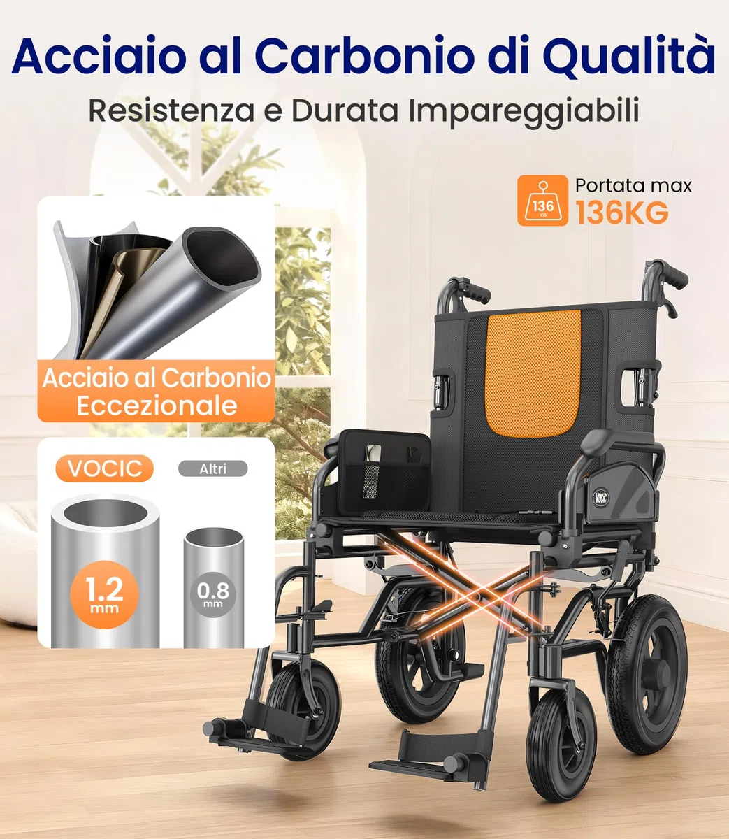 VOCIC Sedia a rotelle U11, pieghevole, leggera, 13 kg, sedia a rotelle per l'appartamento, pieghevole fino a 136 kg, seduta 46 cm, due freni, 30 cm, cuscino in rete 3D, sedie a rotelle strette