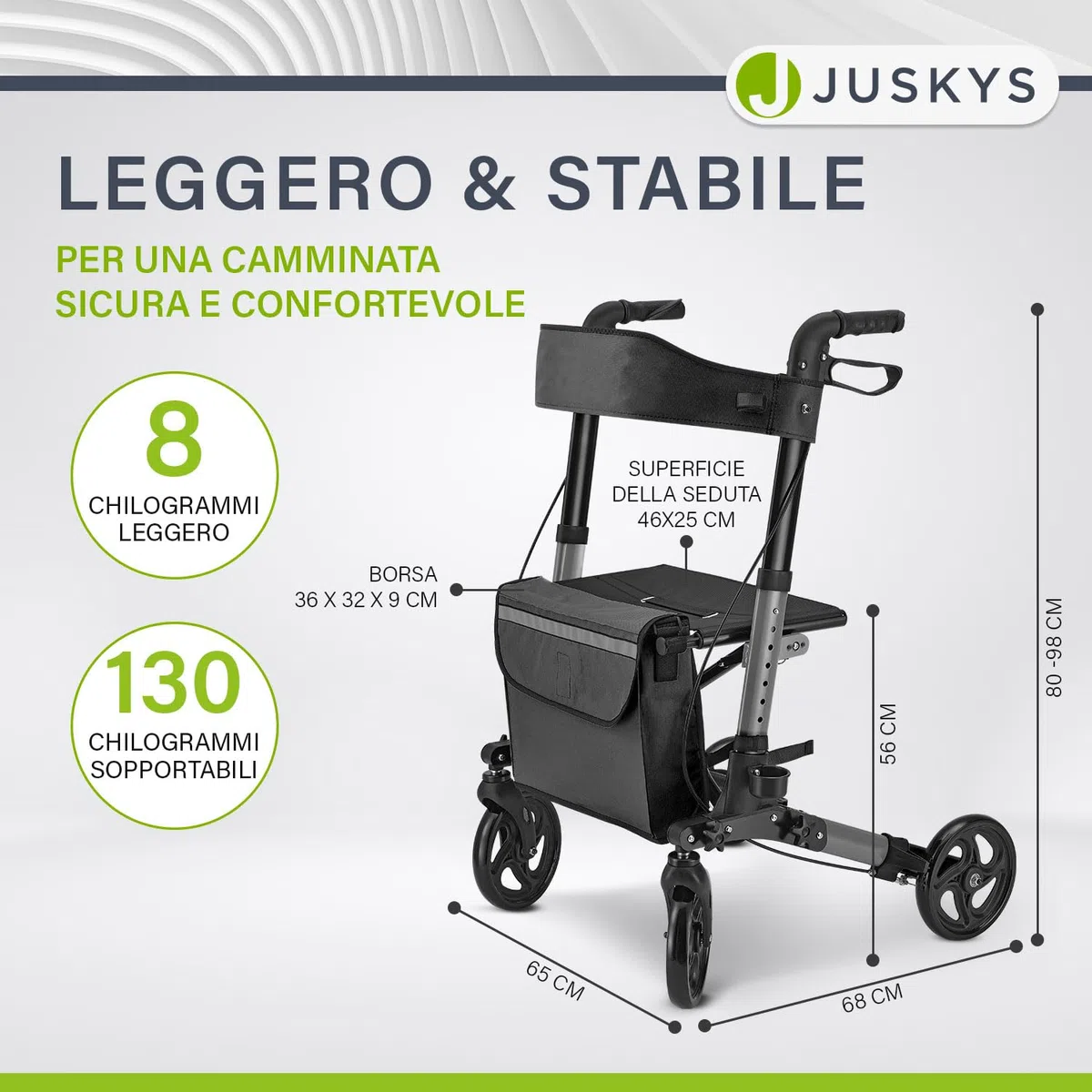 Juskys Rollator Vital nero – Aiuto per la deambulazione pieghevole e leggero in alluminio fino a 130 kg – Supporto per la deambulazione regolabile in altezza con sedile, borsa e supporto per ombrello
