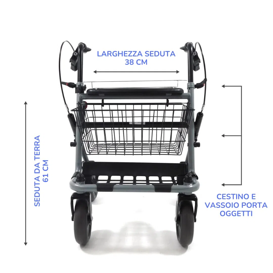 Deambulatore Girello per Anziani e Disabili Pieghevole e Regolabile con 4 Ruote, Rollator con Freni di Stazionamento, Seduta e Cestino per esterni e interni, Alluminio