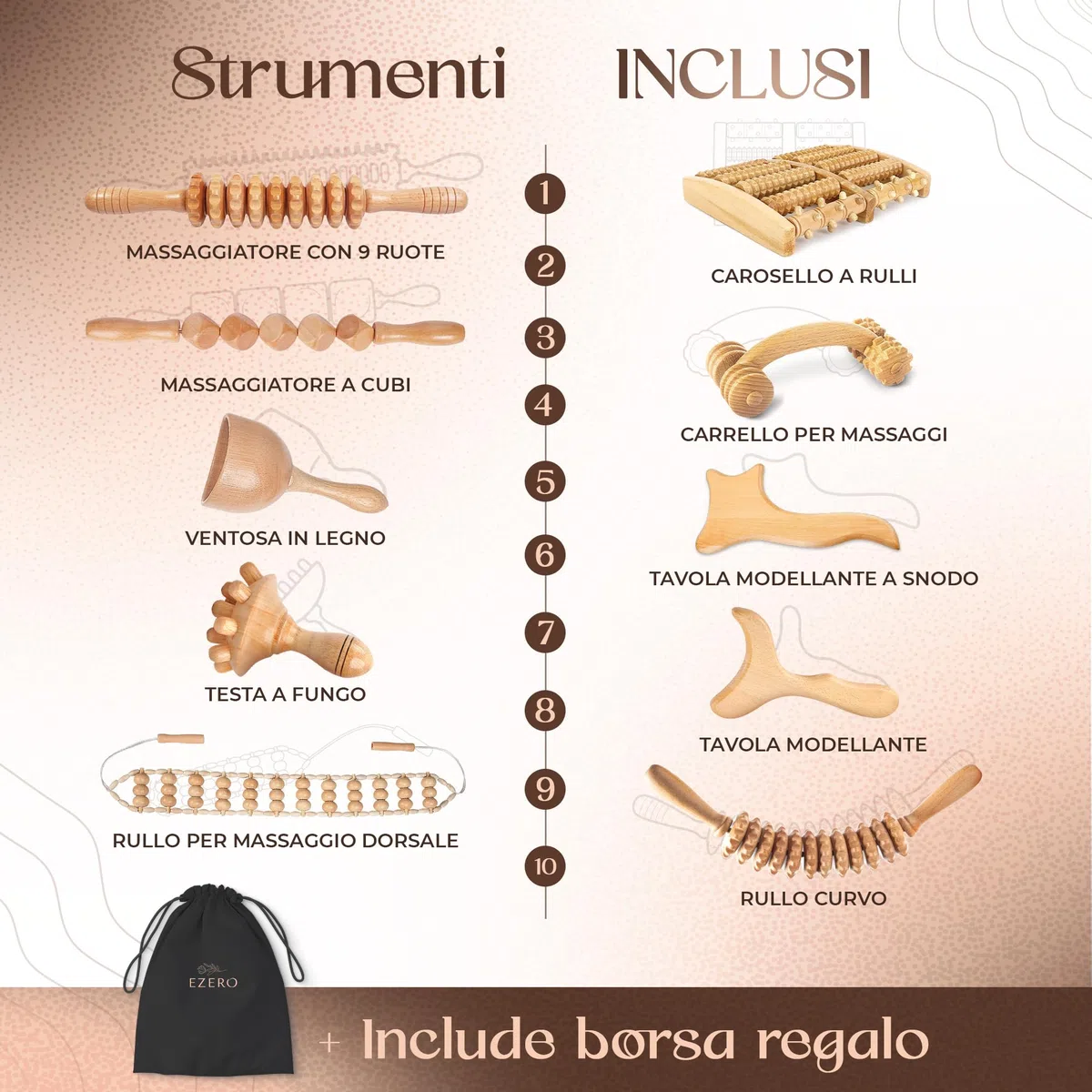 Ezero Maderoterapia Kit Legno 10 Pezzi con Bolsa e Manuale - Maderoterapia Rullo con Guasha Massaggio Corpo e Rullo Massaggio Cellulite - Massaggiatore Anticellulite - Massaggiatore Cellulite