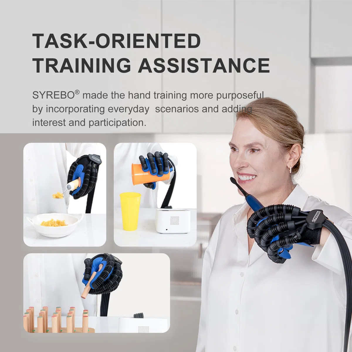 Guanto robot riabilitativo E12 - 7 modalità di allenamento, modalità di gioco attiva, trasmissione vocale, 9 livelli di forza regolabili per terapia ictus mano (mano destra, S)