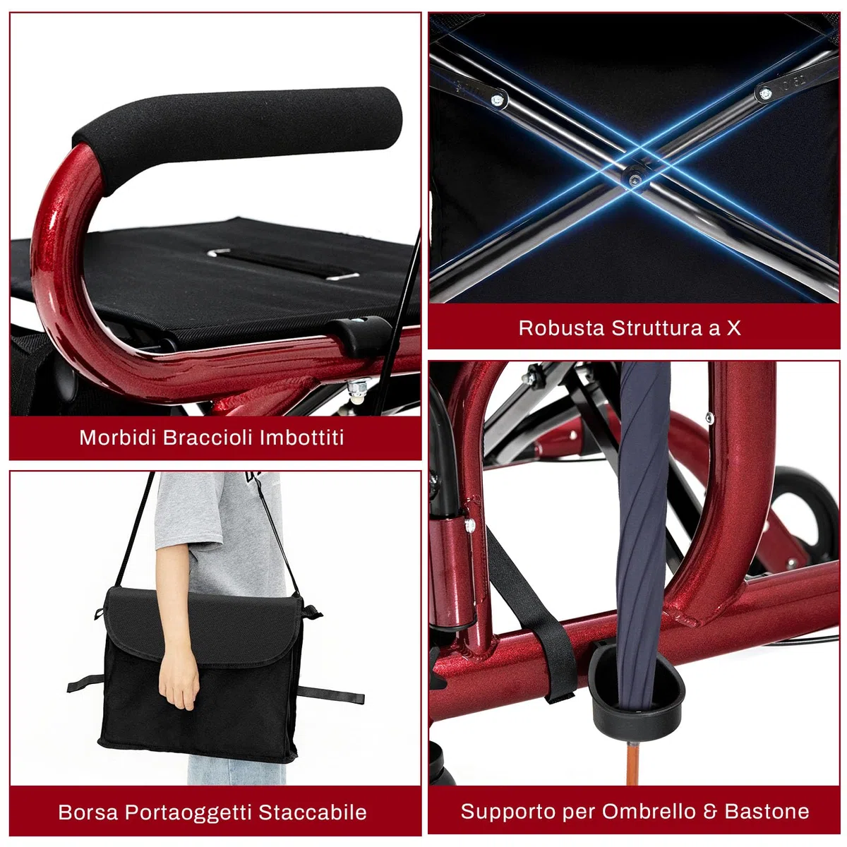 COSTWAY Deambulatore 2 in 1 per Anziani in Alluminio, Rollator Pieghevole e Regolabile in Altezza con Sedia, Schienale Reversibile, Manici Regolabili, Ruote, Poggiapiedi e Borsa Rimovibile (Rosso)