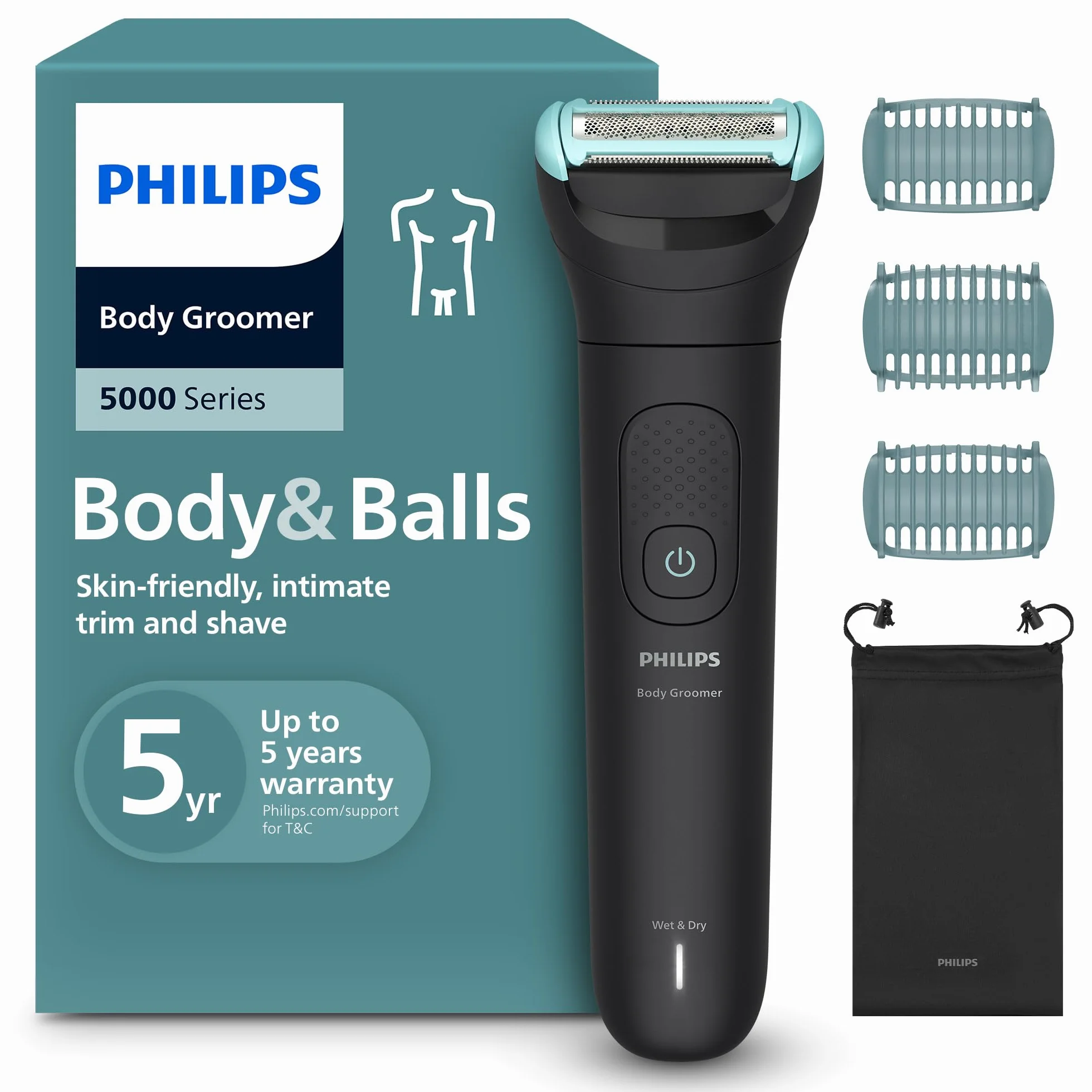 Philips Bodygroom Serie 5000 BG5470/15 Trymer do męskiej depilacji, wodoodporny, 100 minut pracy