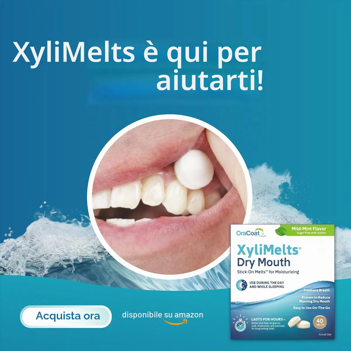 XyliMelts Natura, 80 pezzi, pastiglie adesive contro la secchezza delle fauci notturni, idratano la bocca durante il sonno per 4-8 ore, con xilitolo: sapore leggermente dolciastro, contro la bocca