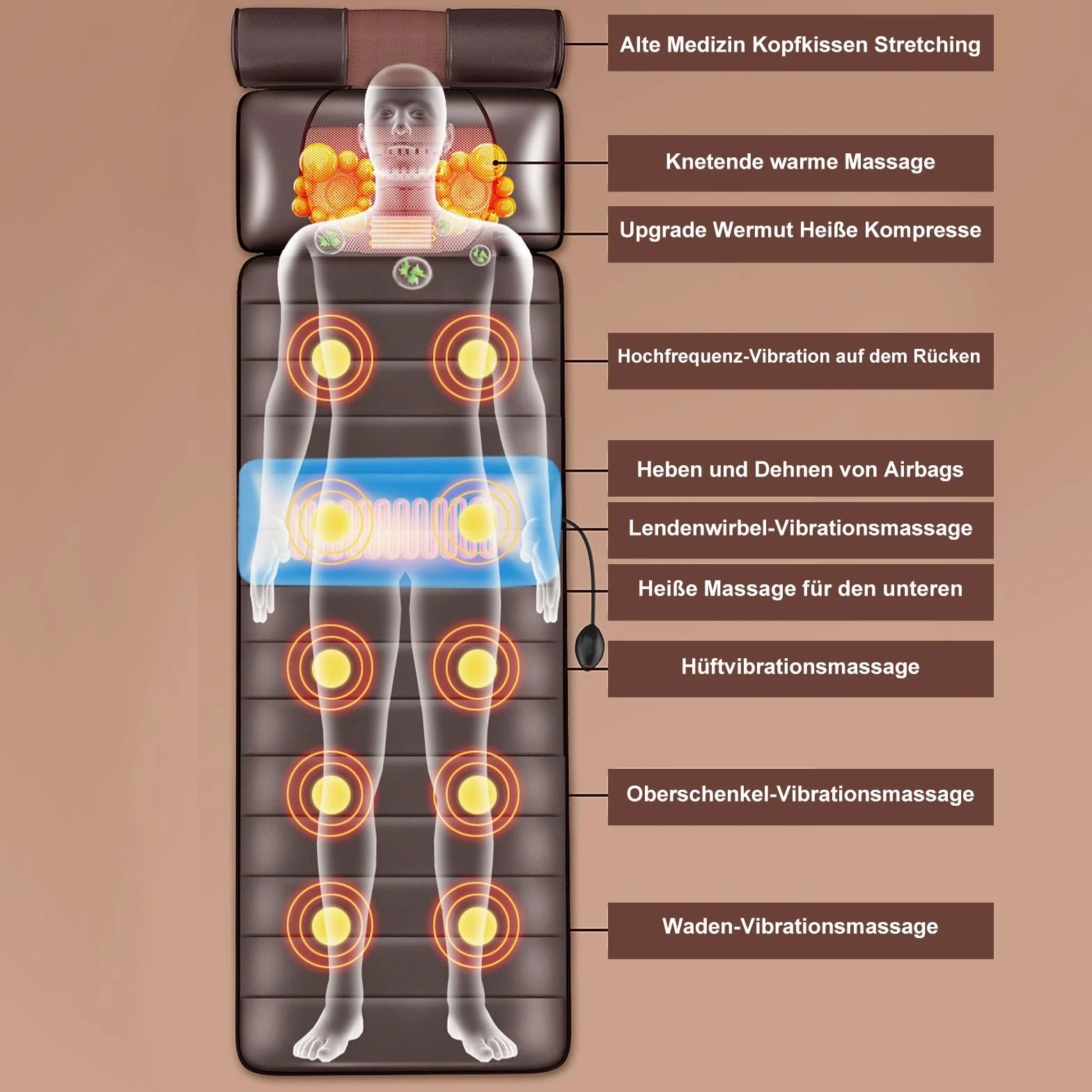 Tappetino massaggiante con funzione termica, tappetino per agopressione, tappetino massaggiante per tutto il corpo, airbag lombare regolabile, cuscino massaggiante per alleviare il dolore al collo e