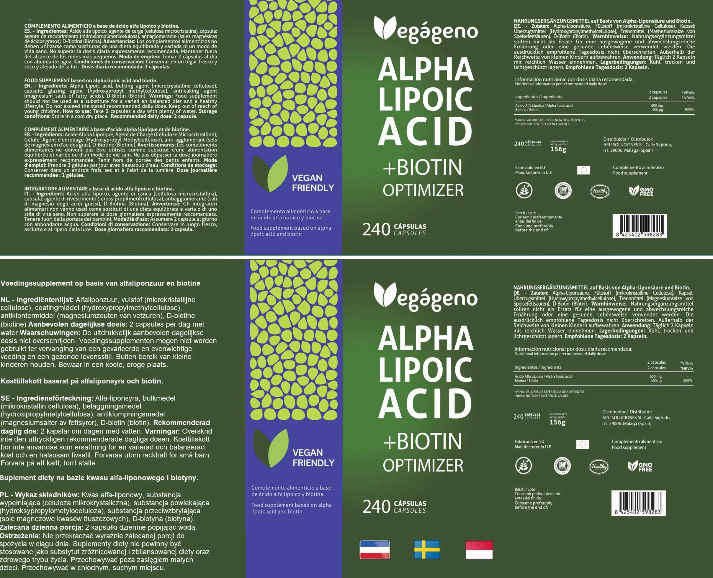 Acido Alfa Lipoico (ALA) + BIOTINA Optimizer 600 mg. 240 capsule vegetali. Antiossidante naturale. Senza glutine. Non OGM. Adatto a vegani