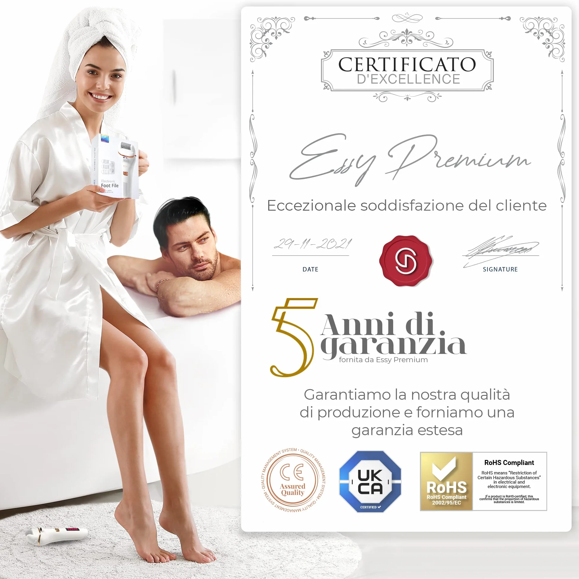 Essy Levigatore Elettrico per Piedi con 5 Rulli di Ricambio, Lima Ricaricabile per Rimozione Calli, 2 Velocità, Display LED, Ricarica USB, Kit Pedicure Bianco