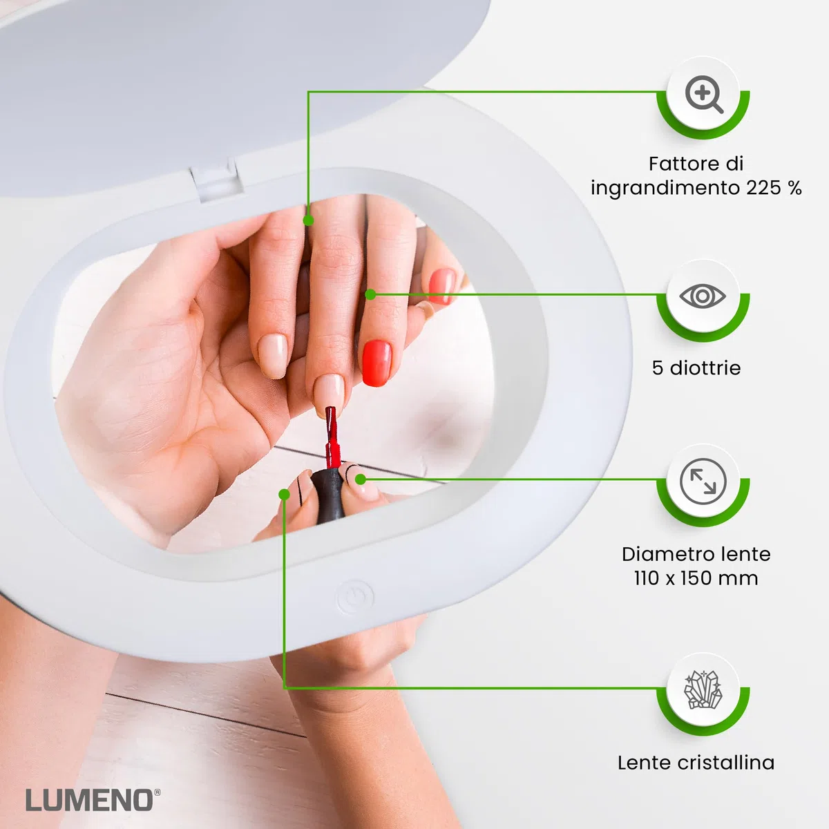 Lumeno 8615GR Lampada d'ingrandimento con grande lente ovale 110x150 mm, 60 LED dimmerabili in 2 fasi, perfetta come ausilio alla lettura, per i cosmetici, 5 diottrie grigio con treppiede rotante