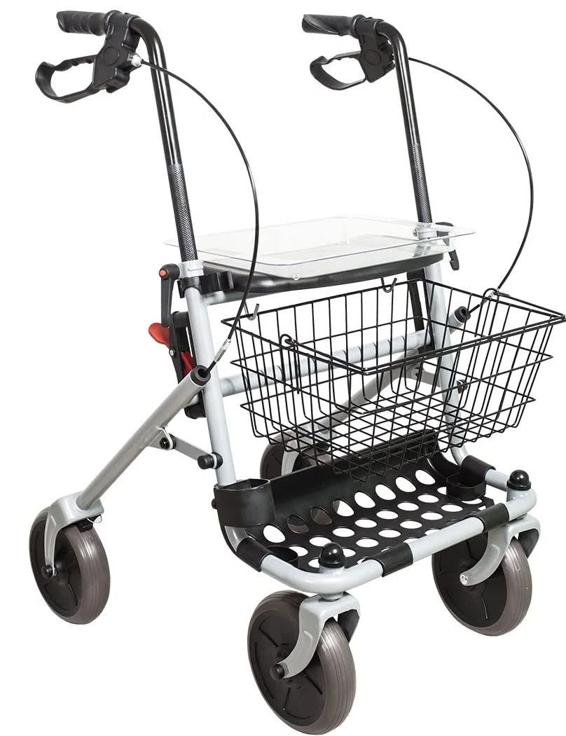 Ausilium Rollator Basic Pieghevole in Acciaio a 4 Ruote Ø 20 cm, Ruote Anteriori Piroettanti, Freno a Leva, Seduta, Cestino e Vassoio Inclusi, Portata 120 kg, Altezza Regolabile