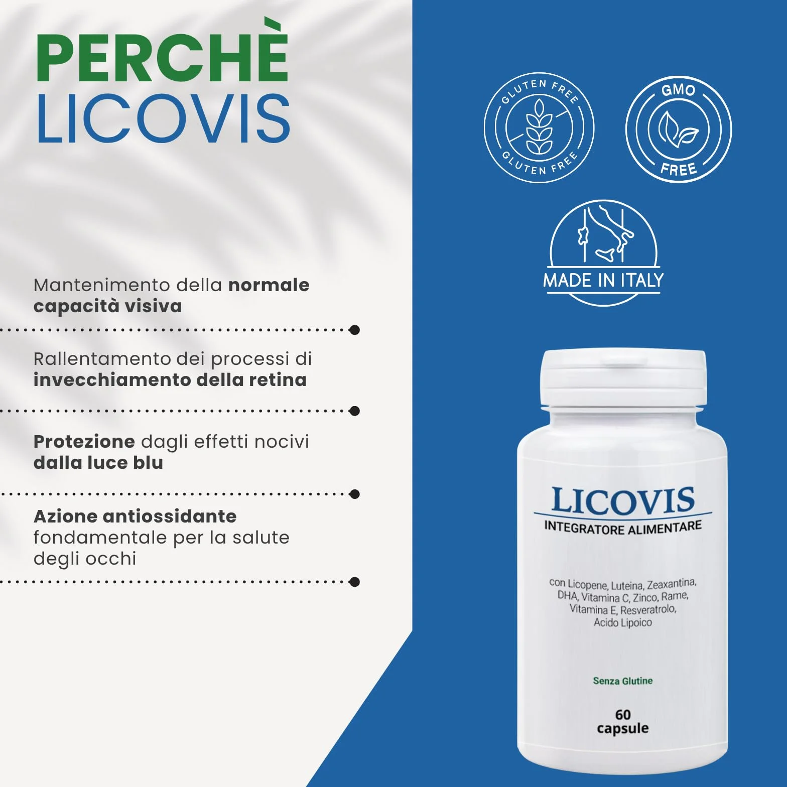 Licovis Integratore Benessere Vista e Occhi Luteina Zeaxantina Licopene Resveratrolo Vitamine Zinco 60 Capsule