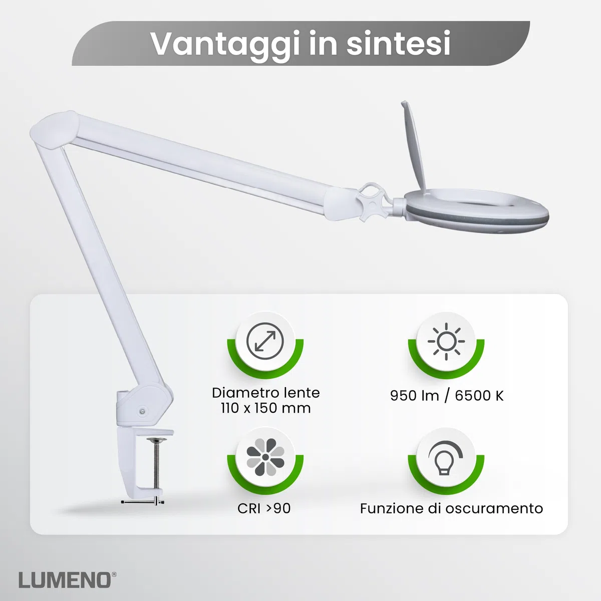 Lumeno 8615GR Lampada d'ingrandimento con grande lente ovale 110x150 mm, 60 LED dimmerabili in 2 fasi, perfetta come ausilio alla lettura, per i cosmetici, 5 diottrie grigio con treppiede rotante