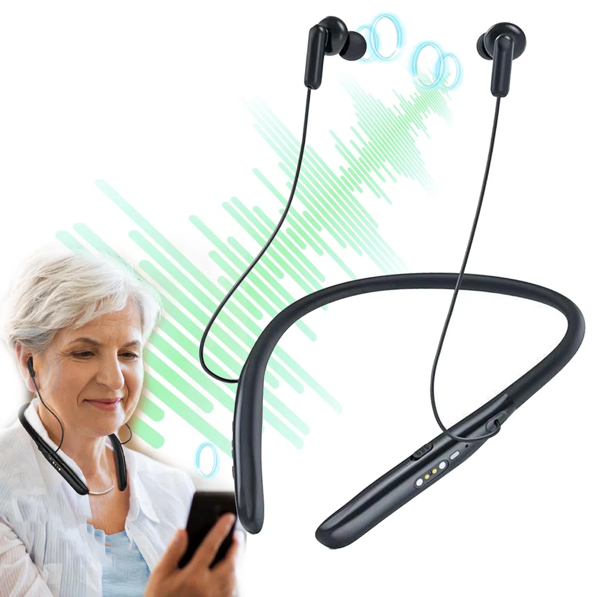 amplificatore acustico montato sul collo,amplificatore audio e gli auricolari Bluetooth si combinano in uno, ricaricabile, adatto per anziani e adulti per guardare la TV e chattare