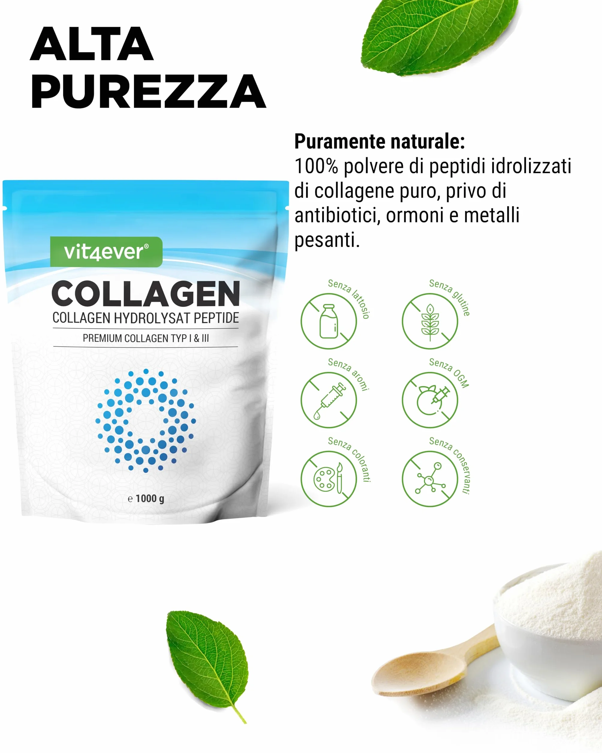 Collagene in Polvere 1000 g - Peptidi Idrolizzati Bioattivi Tipi 1 e 3 - Sapore Neutro