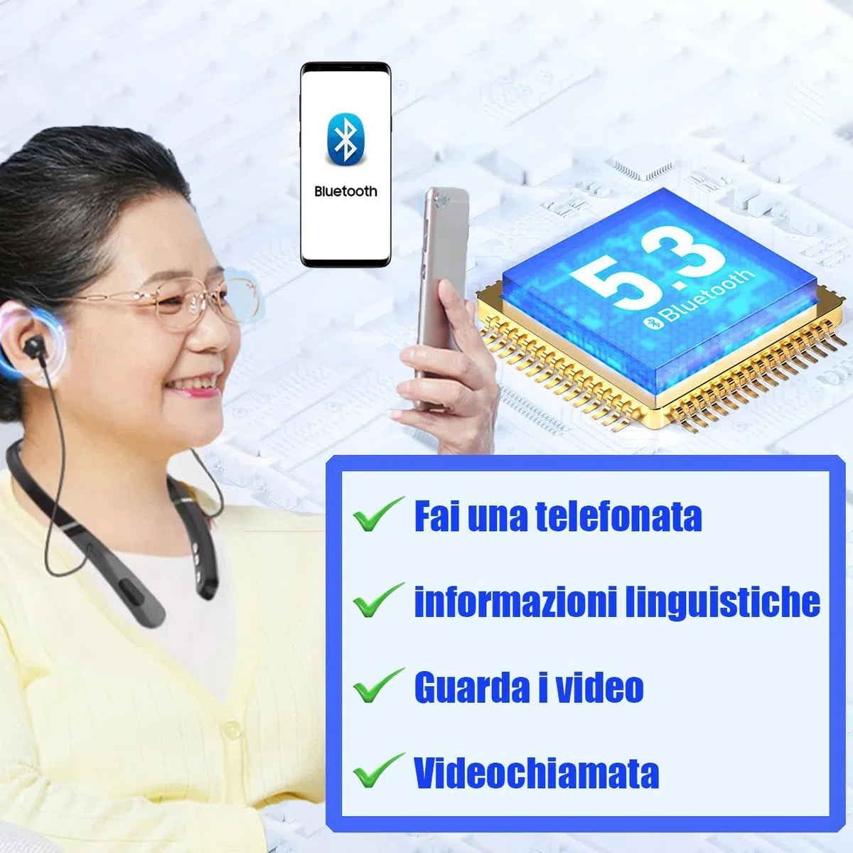 amplificatore acustico montato sul collo,amplificatore audio e gli auricolari Bluetooth si combinano in uno, ricaricabile, adatto per anziani e adulti per guardare la TV e chattare