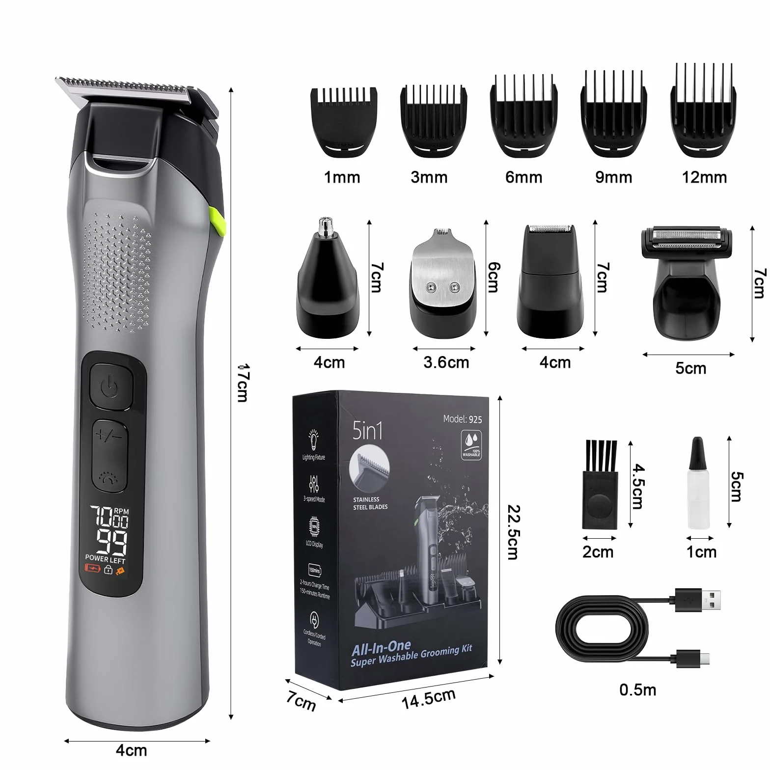Carehabi 5 in 1 Tagliacapelli Uomo Professionale Regolabarba, Impermeabile IPX7 Kit Multigroom
