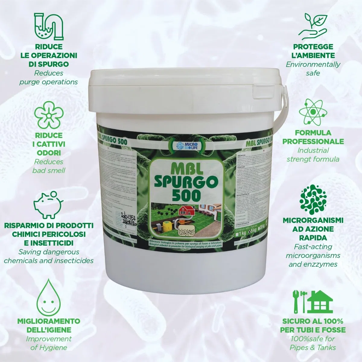 MBL SPURGO 500 – kg. 5 Attivatore biologico in polvere per lo spurgo di fosse e tubazioni, contiene un misurino per il corretto dosaggio - (500 milioni di microrganismi per grammo)