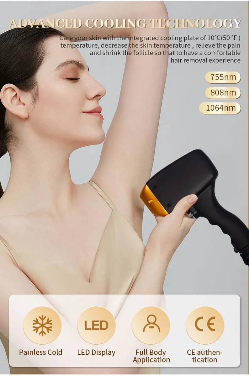 Epilatore laser a diodo da 808 nm, con tre lunghezze d'onda, punto di congelamento e indolore | 10 barre touchscreen adatto a tutte le tonalità di pelle