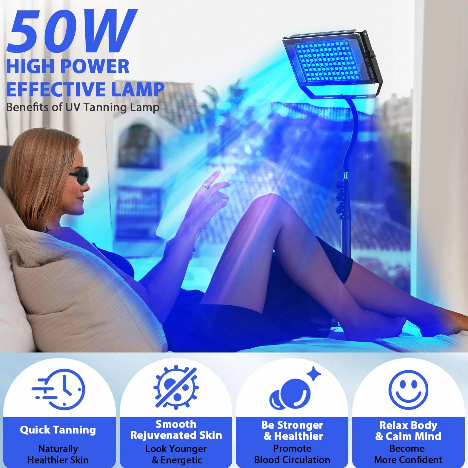Lampada abbronzante per casa 460 & 480 NM luce blu terapia Solarium 2 modalità costante+pulsante 5 livelli di luminosità