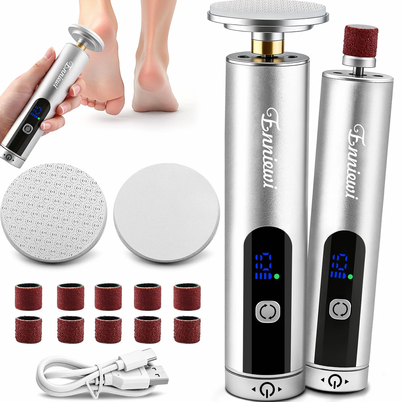 2 in 1 Pedicure Elettrico Professionale Ricaricabile con 10 Velocità e Display LED, Lima Elettrica per Piedi e Talloni, Argento