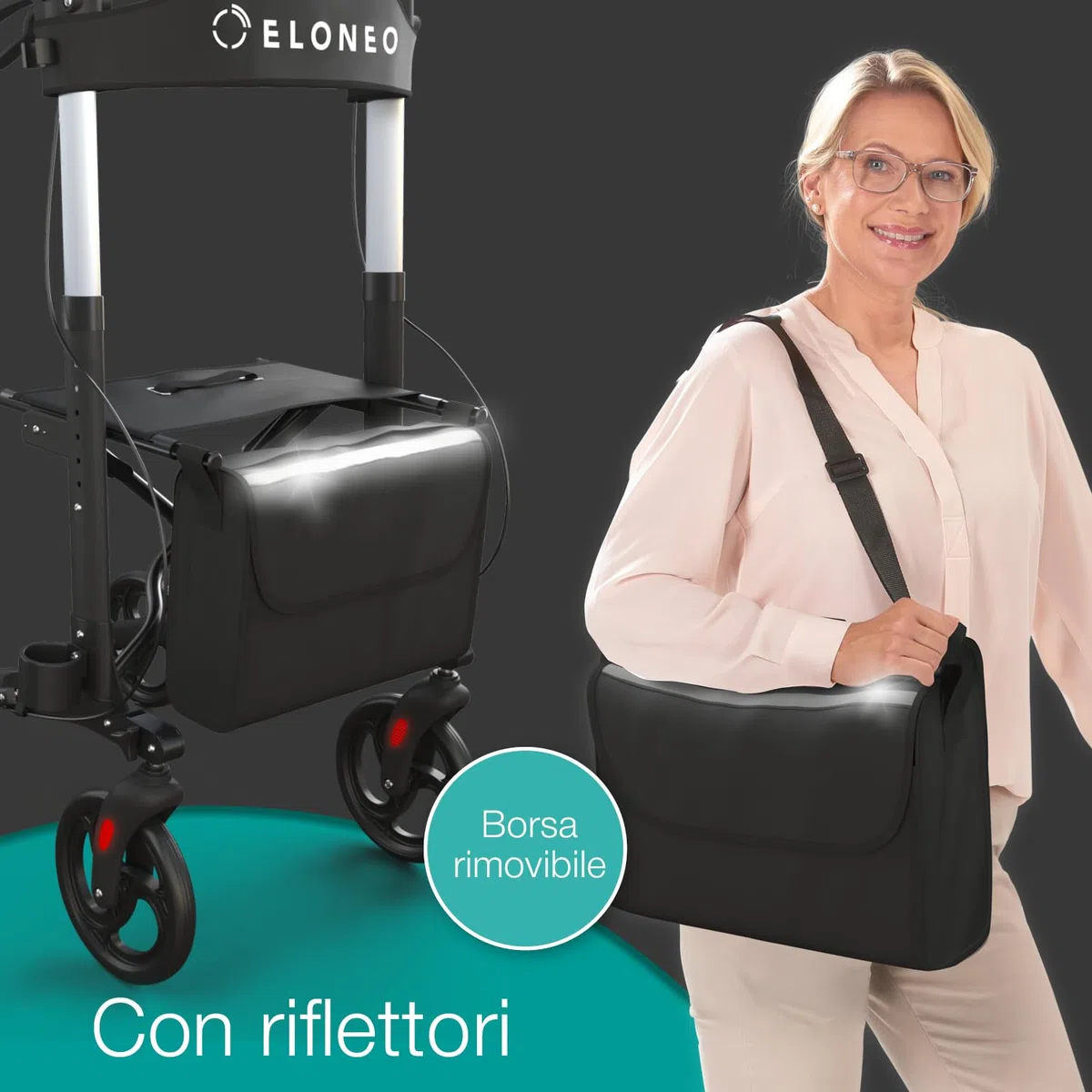 ELONEO Deambulatore con Seduta - Girello per Anziani con 4 Ruote Leggero, in Alluminio, 8 Altezze Regolabili, Deambulatore Pieghevole con Borsa e Porta Ombrello, Adatto all'Auto (Nero)