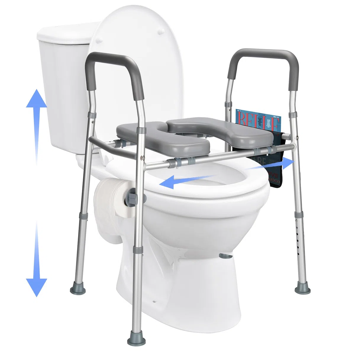 Rialzo WC Regolabile per Anziani e Disabili, Altezza 74-86 cm, Larghezza 50-60 cm, con Braccioli e Portariviste, Bianco
