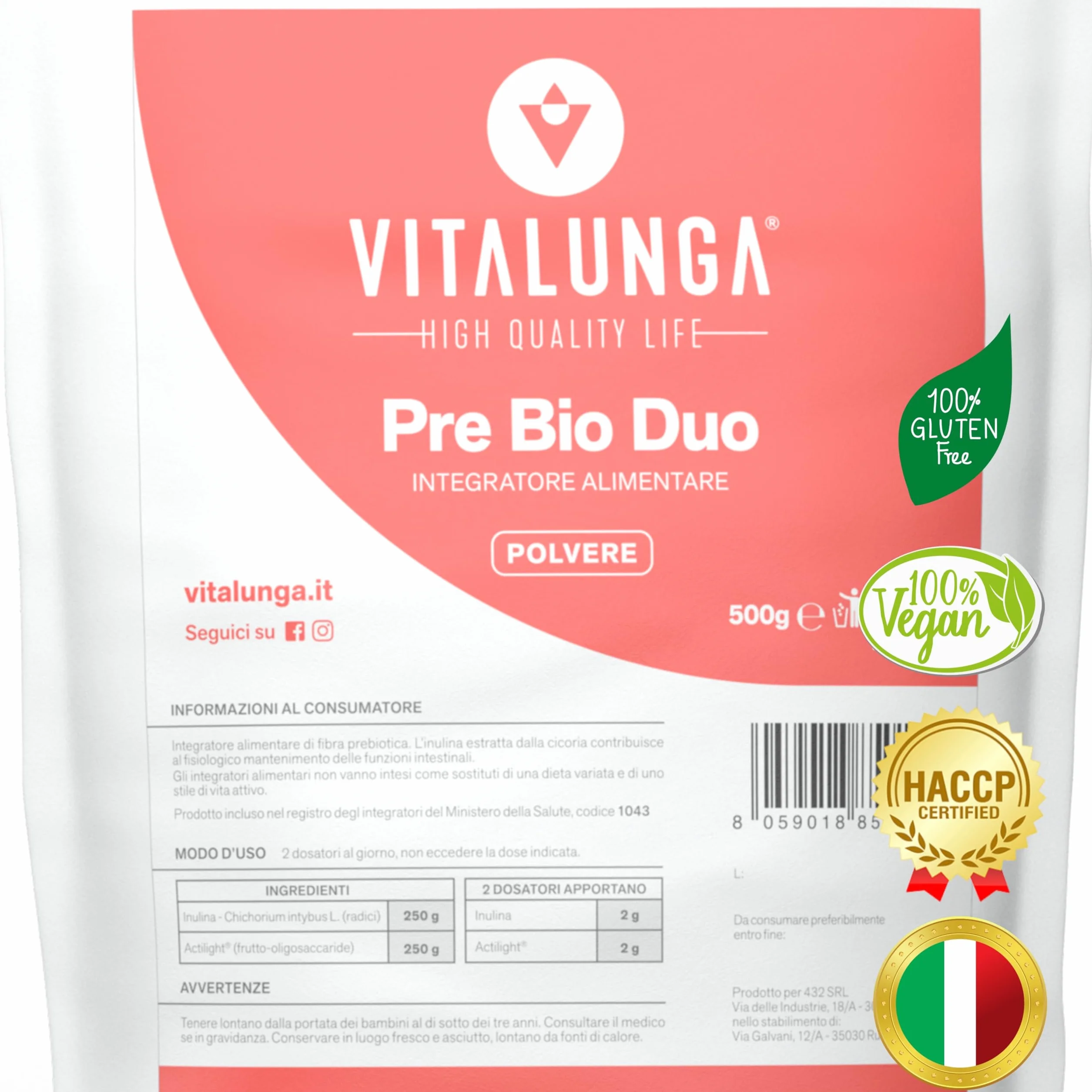 Inulina in Polvere 500g Fibra Prebiotica di Cicoria Vegan Senza Glutine