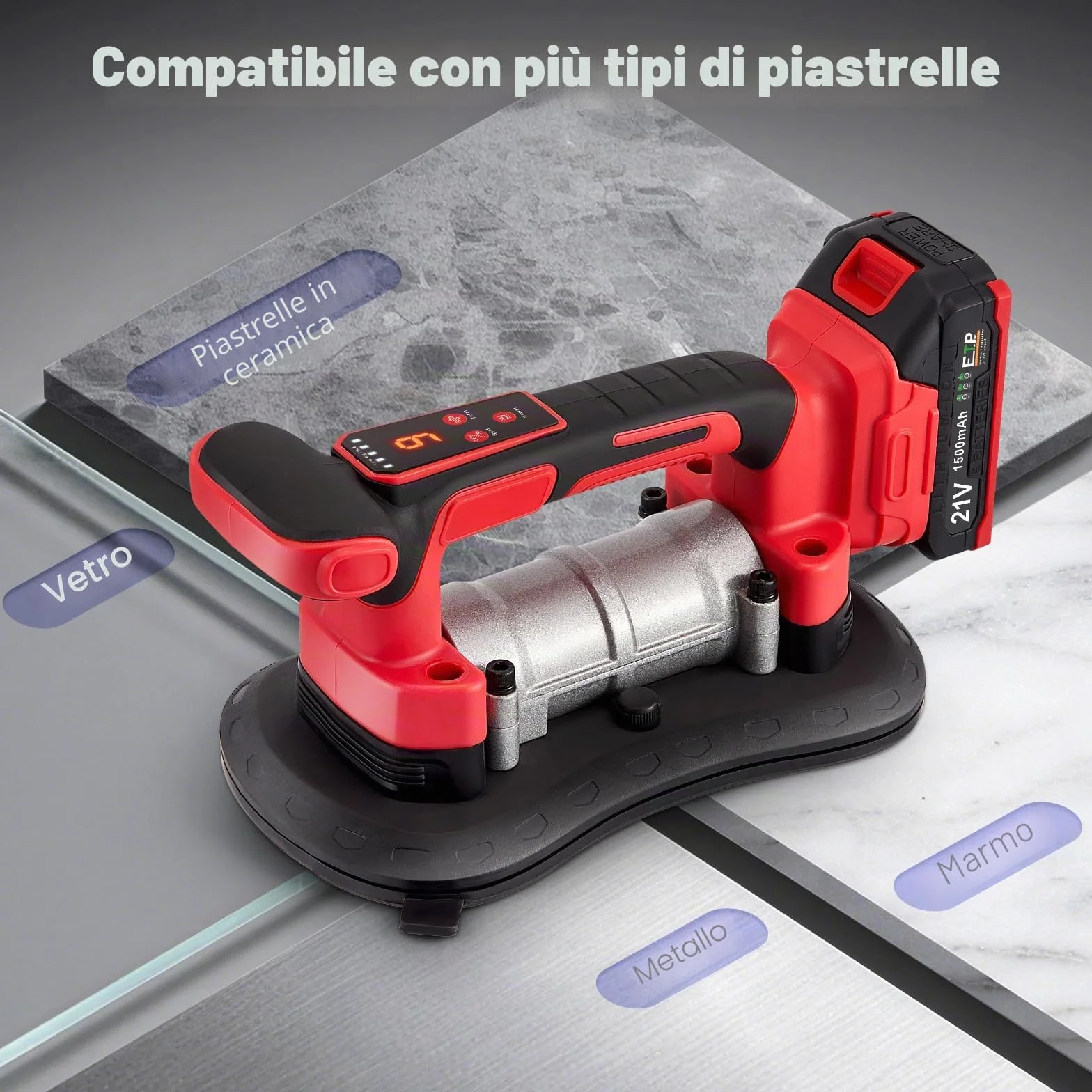 Vibratore e ventosa per piastrelle 2 in 1 senza fili, con ventosa da 28 x 15 cm Regolazione a nove velocità Capacità di carico di 200kg Supporto affidabile per tutti i tipi di lavori di piastrellatura