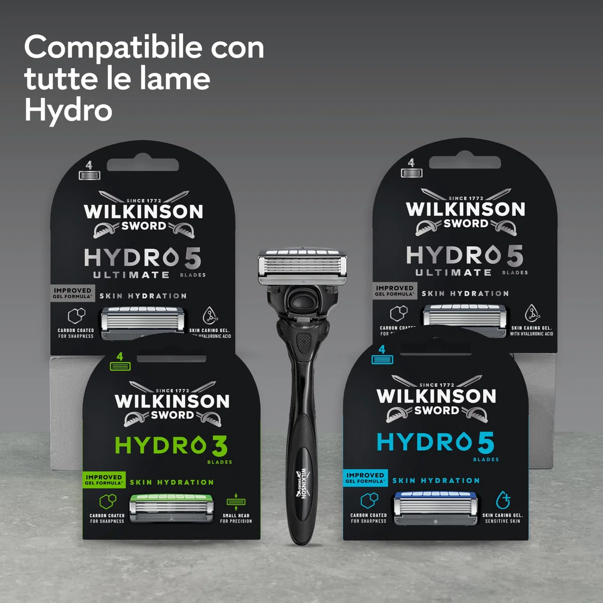 Wilkinson Sword Hydro 5 Ultimate, rasoio da uomo, formato convenienza, con acido ialuronico e lame rivestite in carbonio, manico + 5 ricariche